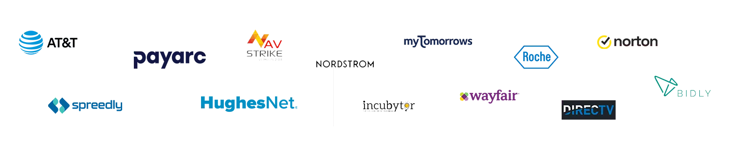 Client logos including AT&T, Payarc, AV Strike, Nordstrom, myTomorrows, Roche, Norton, Spreedly, HughesNet, incubytor, Wayfair, DIRECTV and Bidly