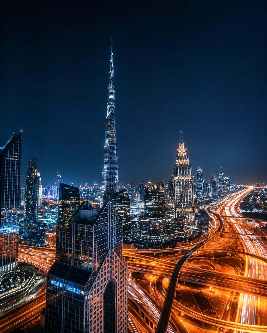 Dubai skyline with the Burj Khalifa at night