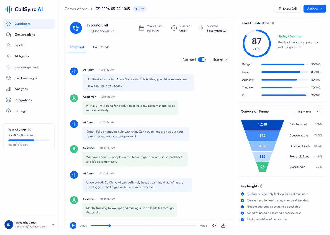 CallSync AI conversation view with live transcript and lead qualification score