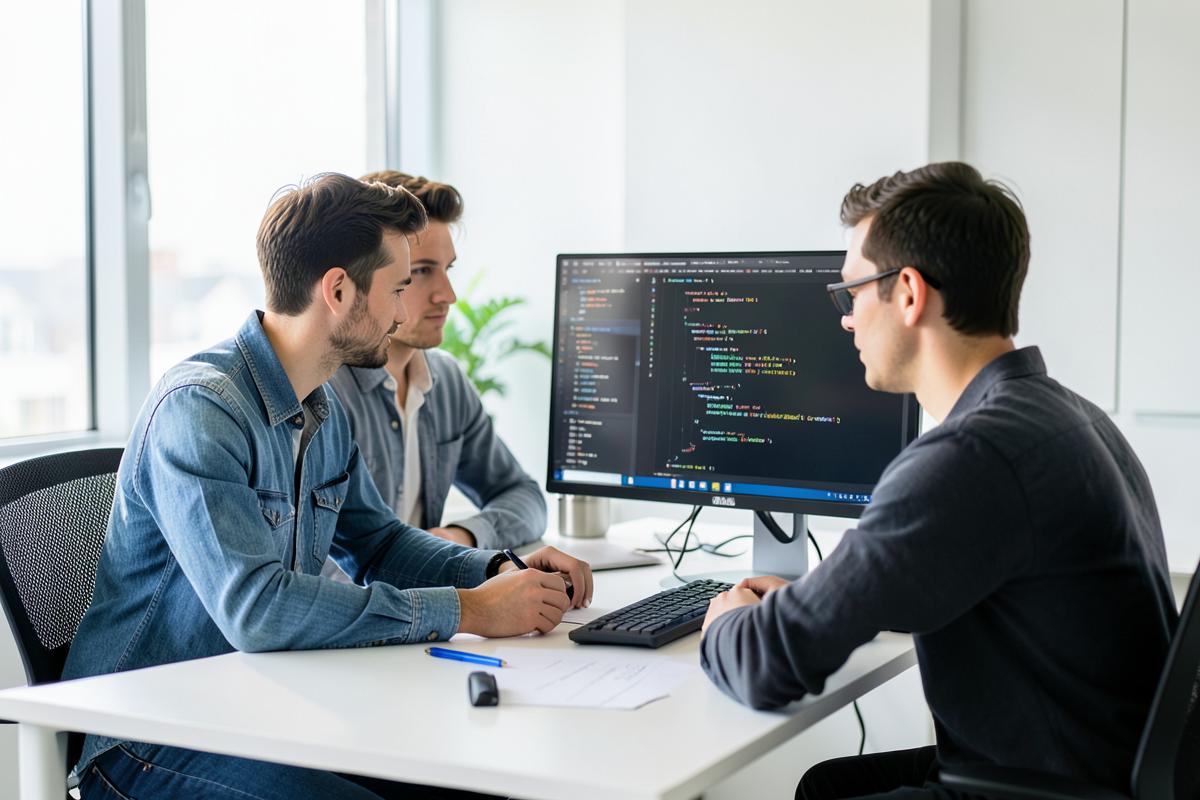 Two software engineers reviewing application architecture on a monitor